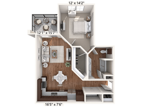 Floor plan for 1 bed, 1 bath, 745 sqft